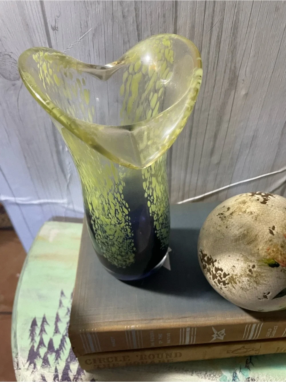 Handblown Glass Flared Vase in Lime Green and Deep Blue